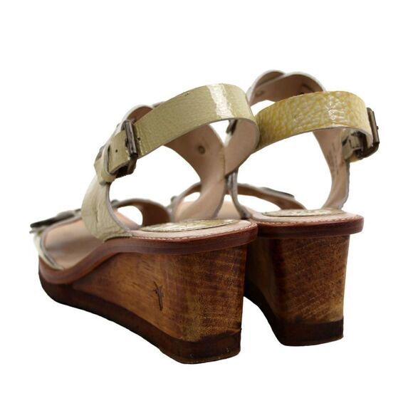 Frye CRINKLE BEIGE REAL LEATHER OPEN TOE 2.5" HEEL WOOD WEDGE SLINGBACK SHOES 8M - Picture 5 of 11